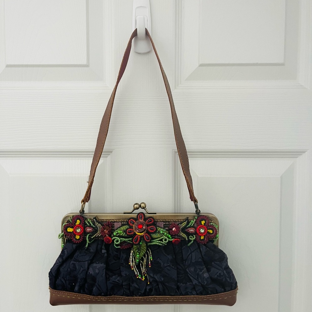 Mary Frances Black and Brown Beaded Floral Shoulder Bag